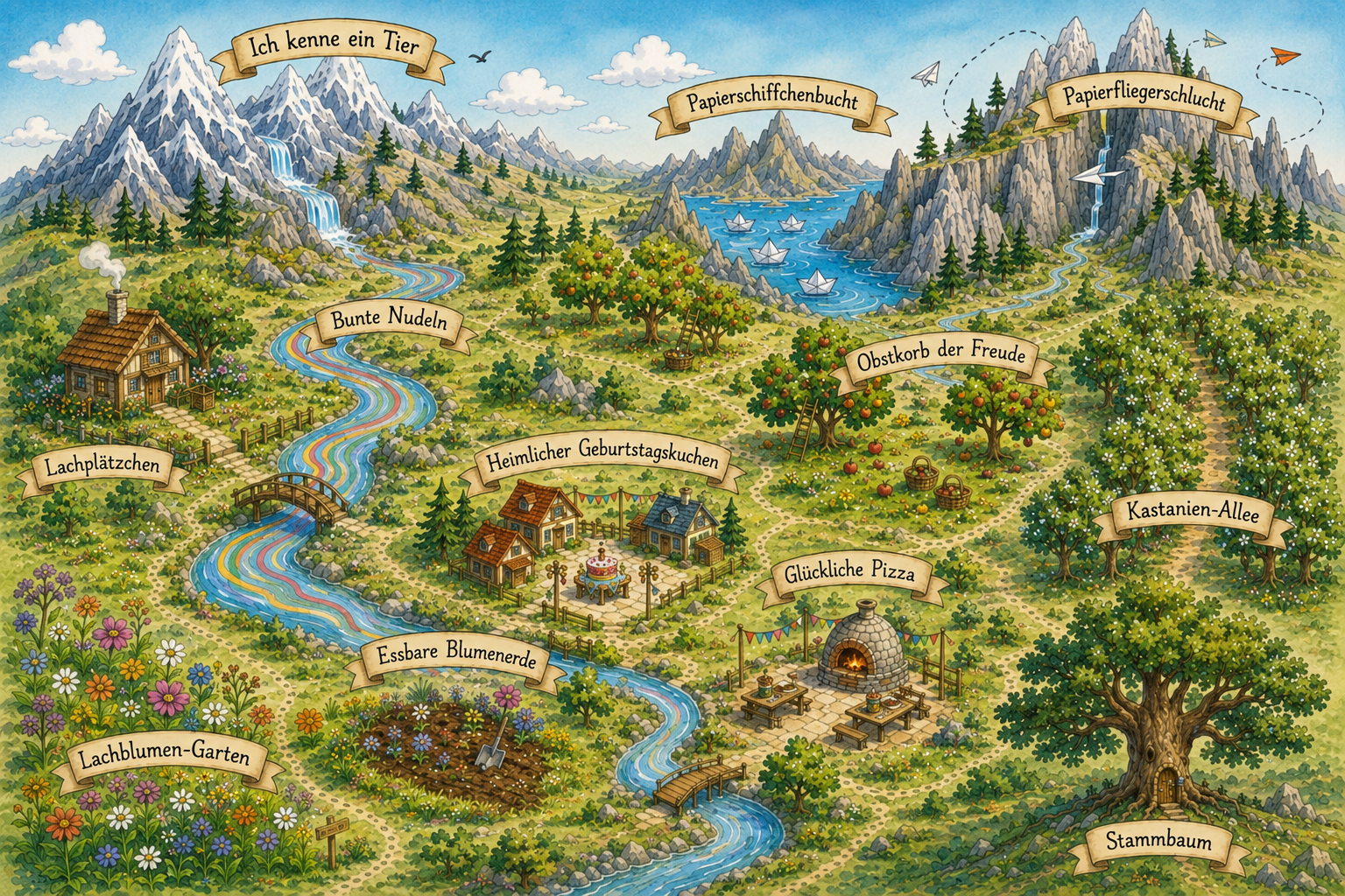 Illustrierte Schatzkarte aus dem Kinderbuch „Auf der Spur nach dem verlorenen Lachen“. Sie zeigt die interaktiven Mitmach-Stationen aus dem zweiten Teil des Buches, darunter Papierschiffchenbucht, Papierfliegerschlucht, Lachblumen-Garten, Obstkorb der Freude, Glückliche Pizza, Bunte Nudeln und Stammbaum. Die Stationen stehen für spielerische und kreative Ideen, die Kinder gemeinsam ausprobieren können.
